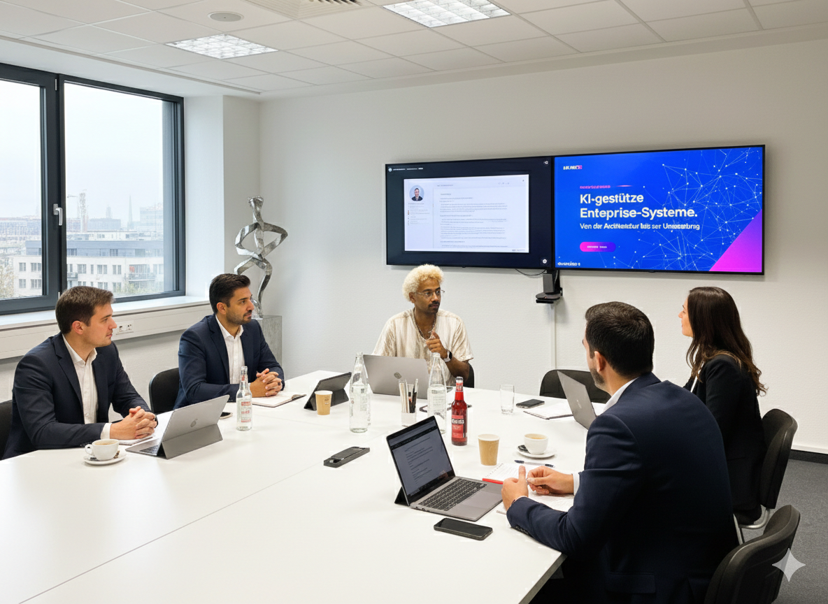 Fünf Profis in einer Besprechung in einem modernen Konferenzraum mit Bildschirmen, die KI-gestützte Enterprise-Systeme anzeigen.