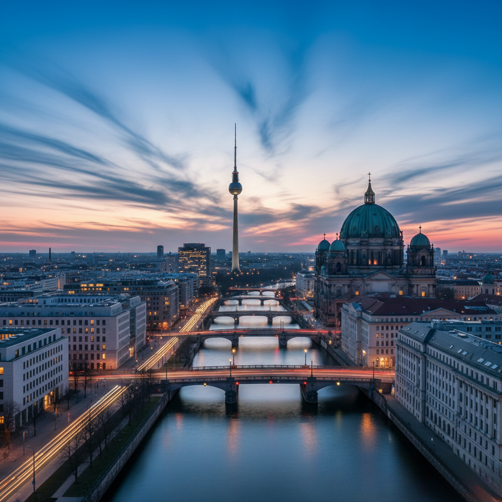 Blick auf die Berliner Skyline bei Dämmerung mit dem Fernsehturm, mehreren Brücken über die Spree und dem Berliner Dom.